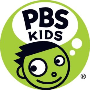 Round sticker with drawn face and words PBS kids.