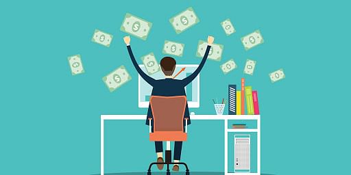 graphic of man sitting in front of desk with a computer and money around him