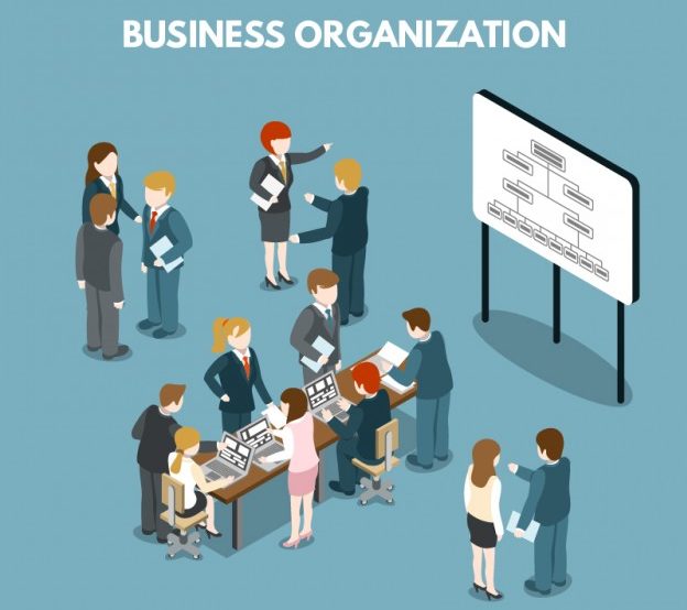 buisness organization graphic blue background and everyone in an office talking to each other