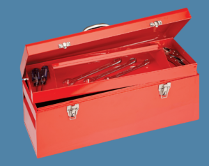 Open red tool box showing tools inside