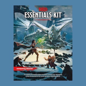 D&D Essentials Kit cover, a wizard and dwarf fighting a silver dragon