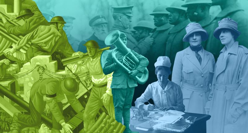green, teal, and blue collage of WWI related images