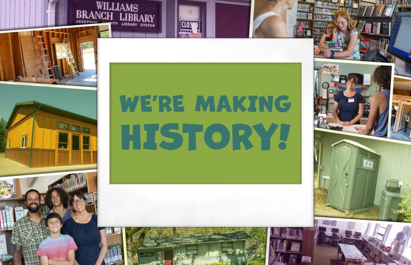 A postcard cover with new and old images of the Williams library branch