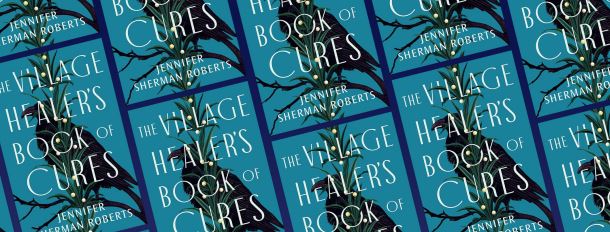 The Village Healers Book of Cures book covers, a teal book with a black raven on the cover.