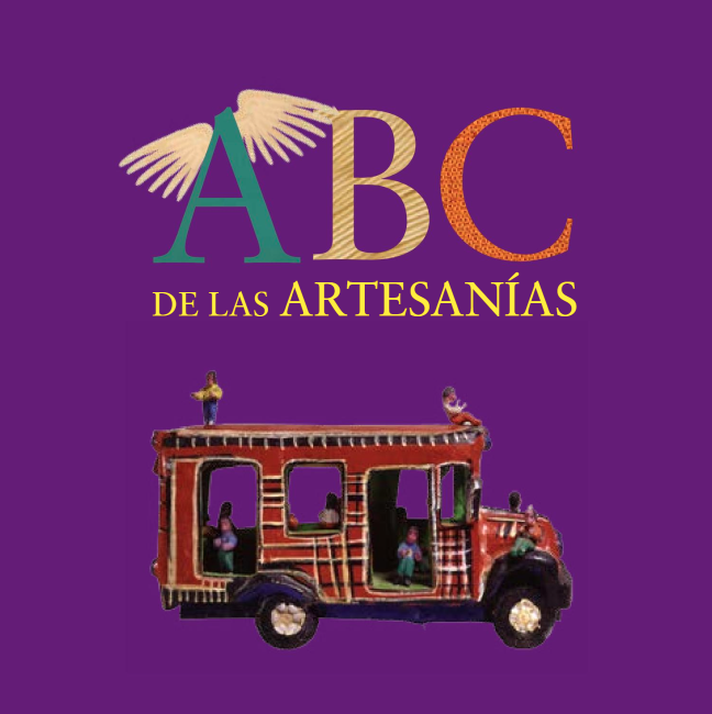 book cover with dark purple background with a small red bus with no windows. and the words "ABC de las artesenias" above it.