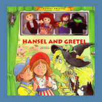 Hansel and Gretel book cover with little finger puppets on a blue background