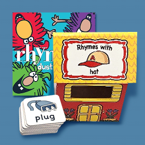 A Rhyming house with a stack of rhyming vocabulary cards