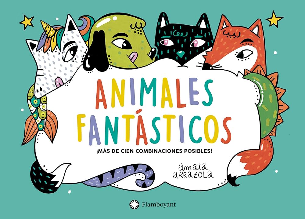 book cover with teal background with cloud in the middle that says "animales fantasticos" in colorful letters. there is a unicorn, dog, cat and fox poking their heads out from behind the cloud.