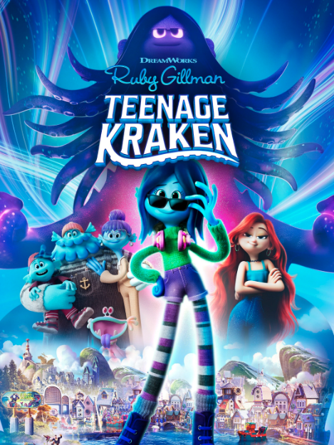 movie cover with colorful small town in the background with some blue characters