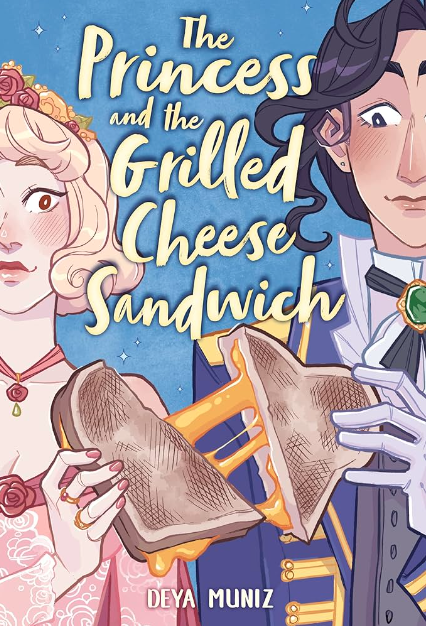 book cover with blue background with half of a princess on the right and half of a prince on the left and they are splitting a grilled cheese,