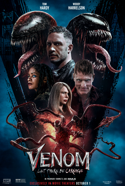 movie cover with dark blue cloudy sky in the background, 4 people headshots up close and a big black monster behind them