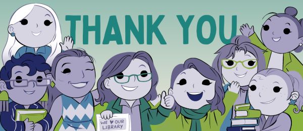 A banner that says "Thank you" behind a bunch of happy, cartoon library staff members.