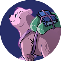 A baby bear wearing a backpack with a dark blue background