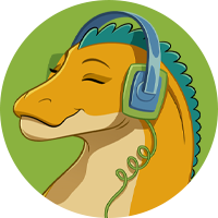 A yellow dinosaur listening with headphone with a green background