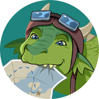 A smiling dragon holding a map in its mouth with a teal background