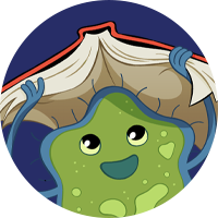 A cartoon germ holding a book over its head with a dark blue background