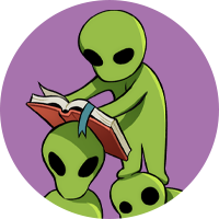 Three aliens reading a book with a purple background