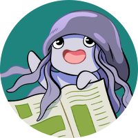 A jellyfish character waving while reading a book with a teal background