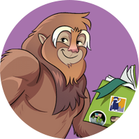 Bigfoot smiling while reading a book with a purple background