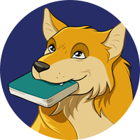 A yellow dog with a teal book in its mouth with a dark blue background