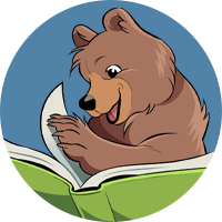 A baby bear turning a page to an oversized book with a blue background