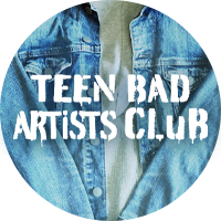 A blue jean jacket with the words "Teen Bad Artists Club" over it.