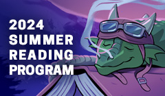 The title "2024 Summer Reading Program" with an image of a sleeping dragon on a house. The dragon is green and wearing an aviator hat.