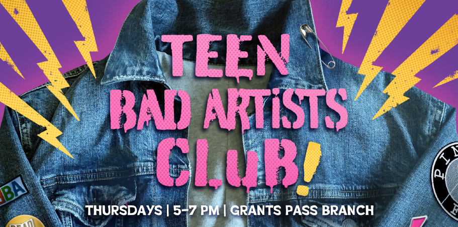 teen bad artists club graphic with lightning bolts and denim jacket in background