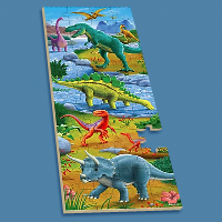 A colorful puzzle that features a variety of different dinosaurs in the jungle