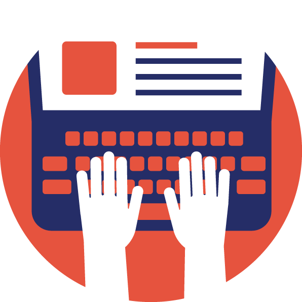 Graphic art of white hands typing on a blue laptop and red background.