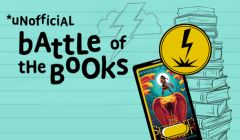 Unofficial Battle of the Books logo on a light blue background with a phone and drawings of books in the backkground