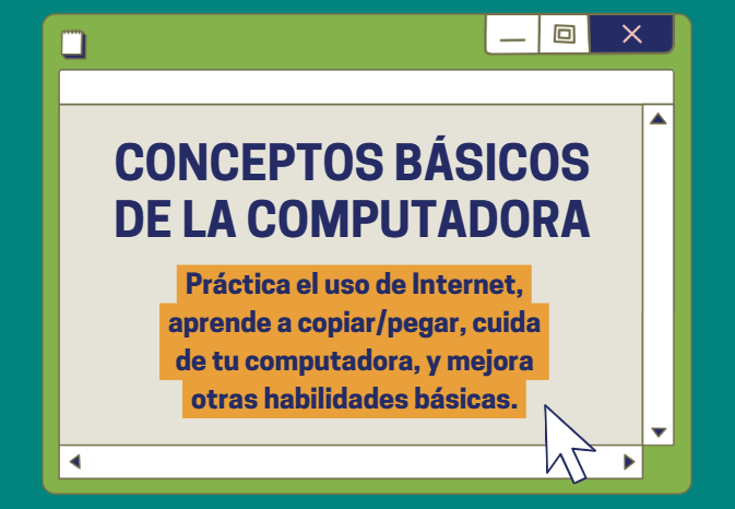 Graphic of a computer screen with a file that reads Conceptos Básicos de la Computadora