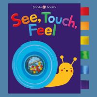 A purple children's book with the title "See, Touch, Feel" and a snail on the cover