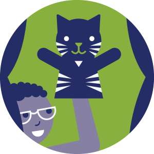 A cartoon person holding up a cat puppet for a puppet show.
