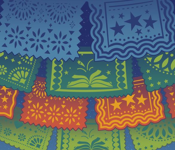 Blue, green, and red papel de picado with a library logo on one of them.