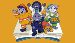 graphic of people of different professions coming out of a book in front of gold background